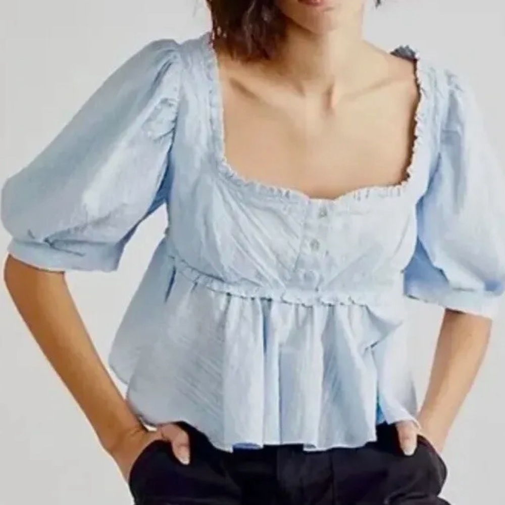 Free People Leave It To Me Light Blue Crop Top Blouse Puff Size Large